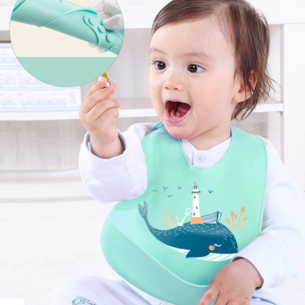 atopo Lot de 3 Bavoir en Silicone Bavoir d'alimentation étanche avec Ramasse-miettes Facilement Lavable Super Doux Réutilisable Bavoir pour Tout Petits Mangeant Vert