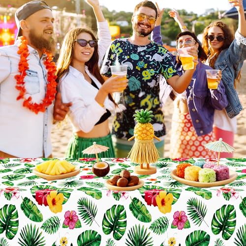 Image of QZYL 4Pcs Luau Party Decorations, 108 inch X 54 inch Floral Leaf Tablecloth, Disposable Plastic Luau Party Decorations, Rectangle Tropical Palm Tablecover for Hawaiian Theme Decor Tropical Summer Beach Pool