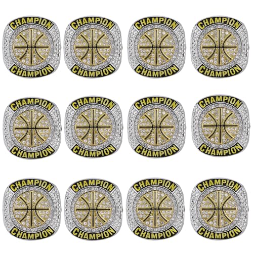 CHXIXUE 12 PCS Basketball Championship Rings Basketball Ring Trophy Award Winner MVP Collectible Gift Champion Ring (12 Pack Rings, 10)