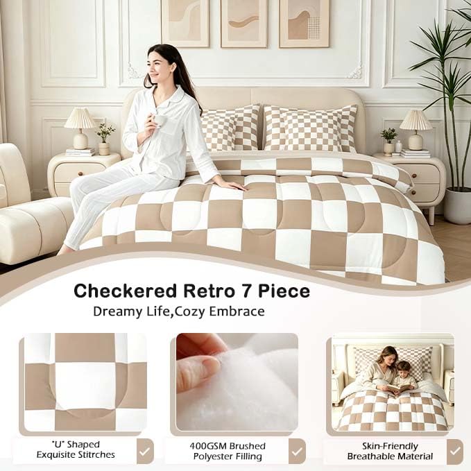 Image of Feelyou Checkered Queen Comforter Set with Sheets for Kids Boys Girls Brown Plaid 7 Pieces Bedding Set Vintage Checkerboard Geometric Bed in a Bag Reversible Grey Room Decor Soft