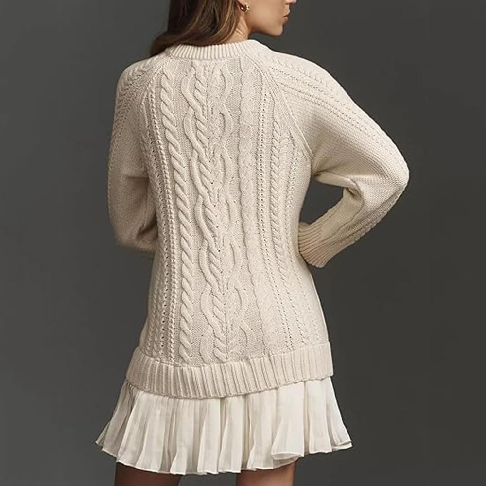 Mini Abito in Maglia a trecce con Scollo Rotondo da Donna, Abito in Maglia a trecce con Scollo Rotondo Casual e Maniche Lunghe, Completo Autunnale da Donna