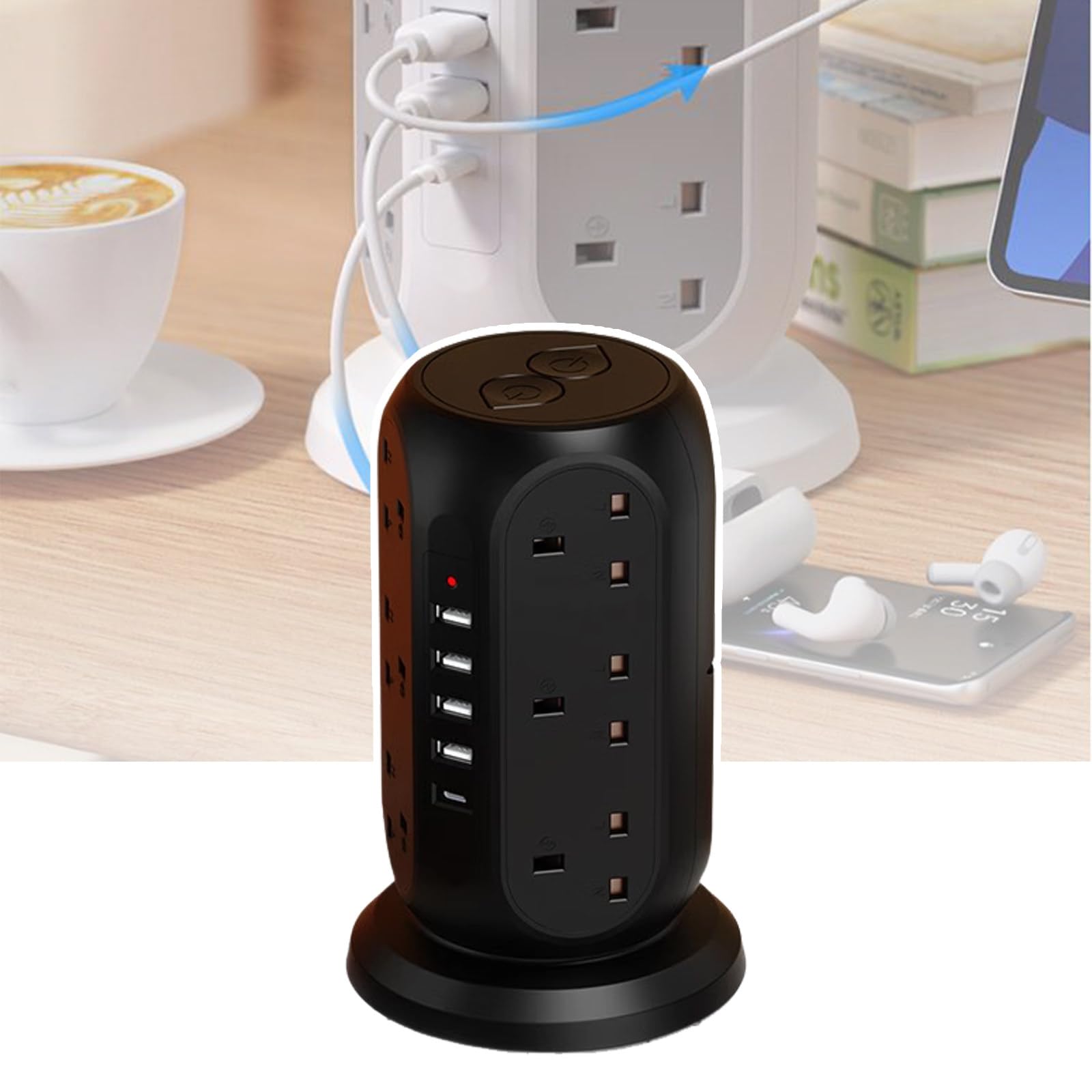 Tower-VerläNgerungskabel Mit Usb-Buchse, Mehrfachstecker-VerläNgerungsturm Mit Schalter, 5 Usb-AnschlüSse, 12 Steckdosen FüR Zuhause Und BüRo (16 * 12 * 12 Cm),Black