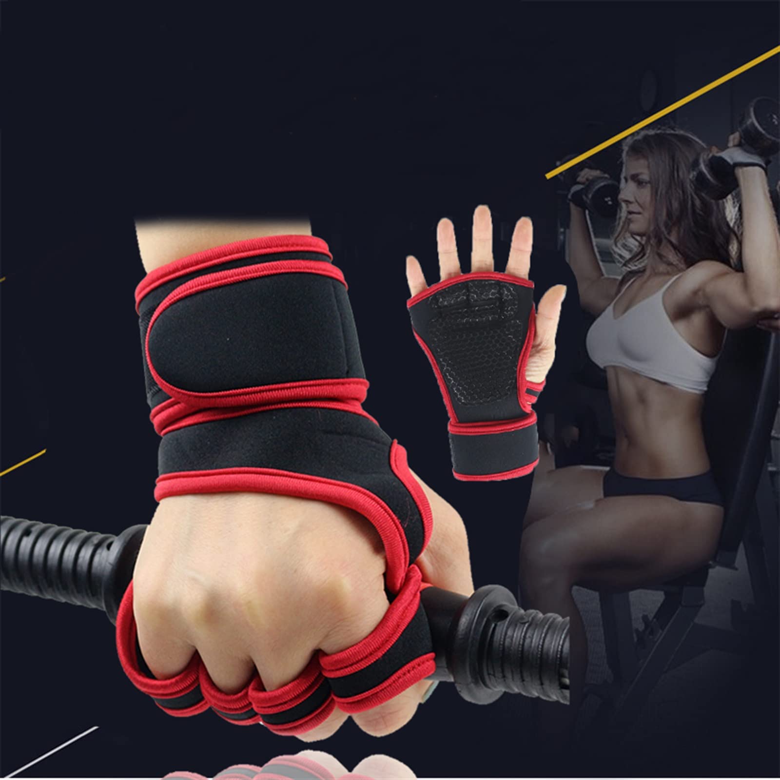 Guanti Antiscivolo per la Palestra Guanti da Ginnastica Professionali, Guanti a Mezze Dita(Red,M)
