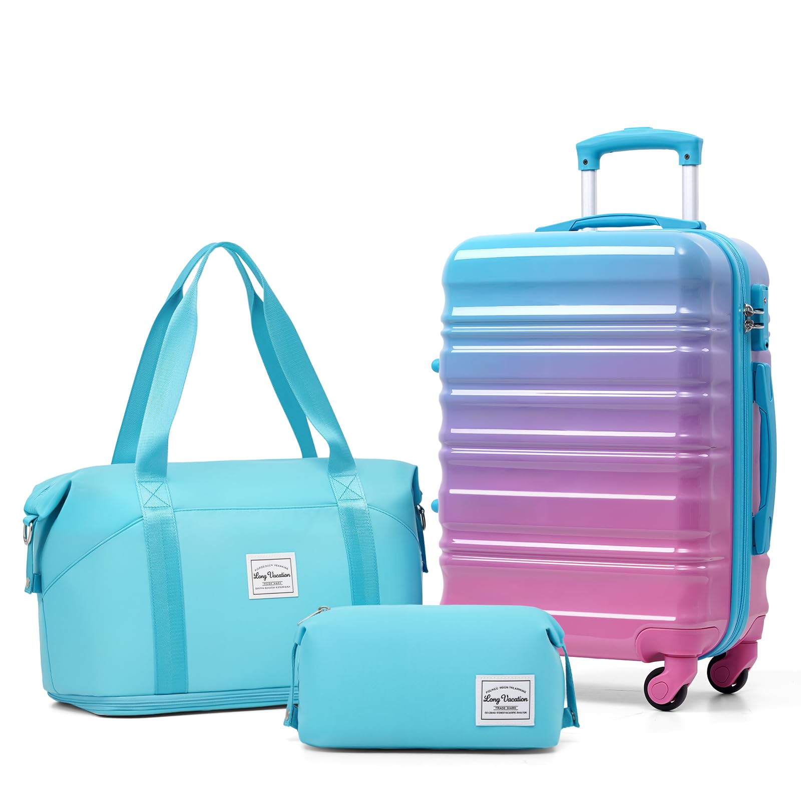 LONG VACATION Luggage Set 4 Piece Luggage Set ABS hardshell TSA Lock Spinner Wheels Luggage Carry on Suitcase, Blue and Pink, 20 INCH, Abs Hardshell Tsa Lock Spinner Wheels Luggage Set