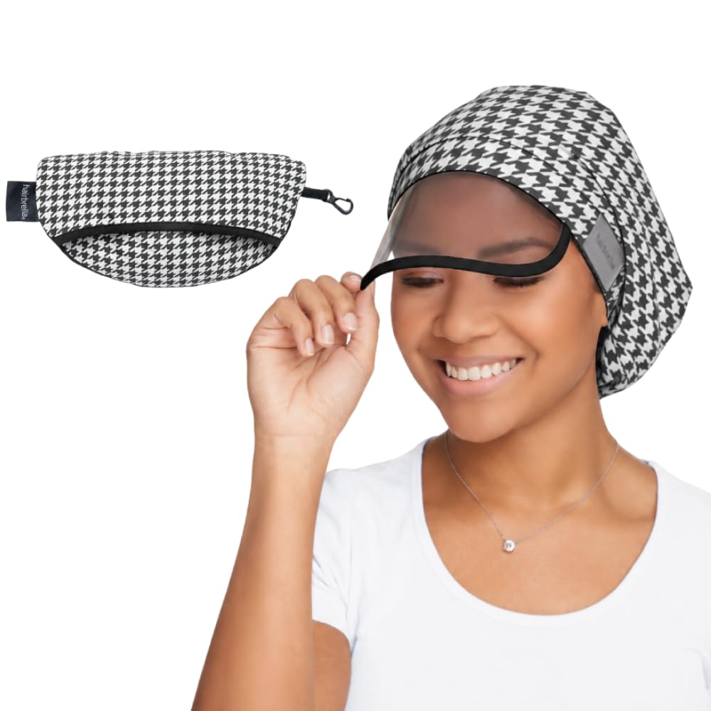 Hairbrella Frauen Wasserdichte Regen-Hut mit 100% Haarabdeckung, Satin Futter, UV-Schutzvisier, und zusammenklappbarer versteckter Tasche für Reisen