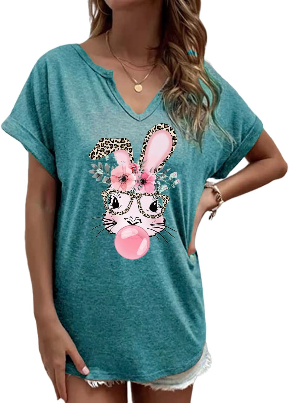 Ovazly Easter V Neck Shirts for Women Happy Easter Bunny with Glasses Blouse Casual Graphic Spring Colorful Tops Tee - Image 2
