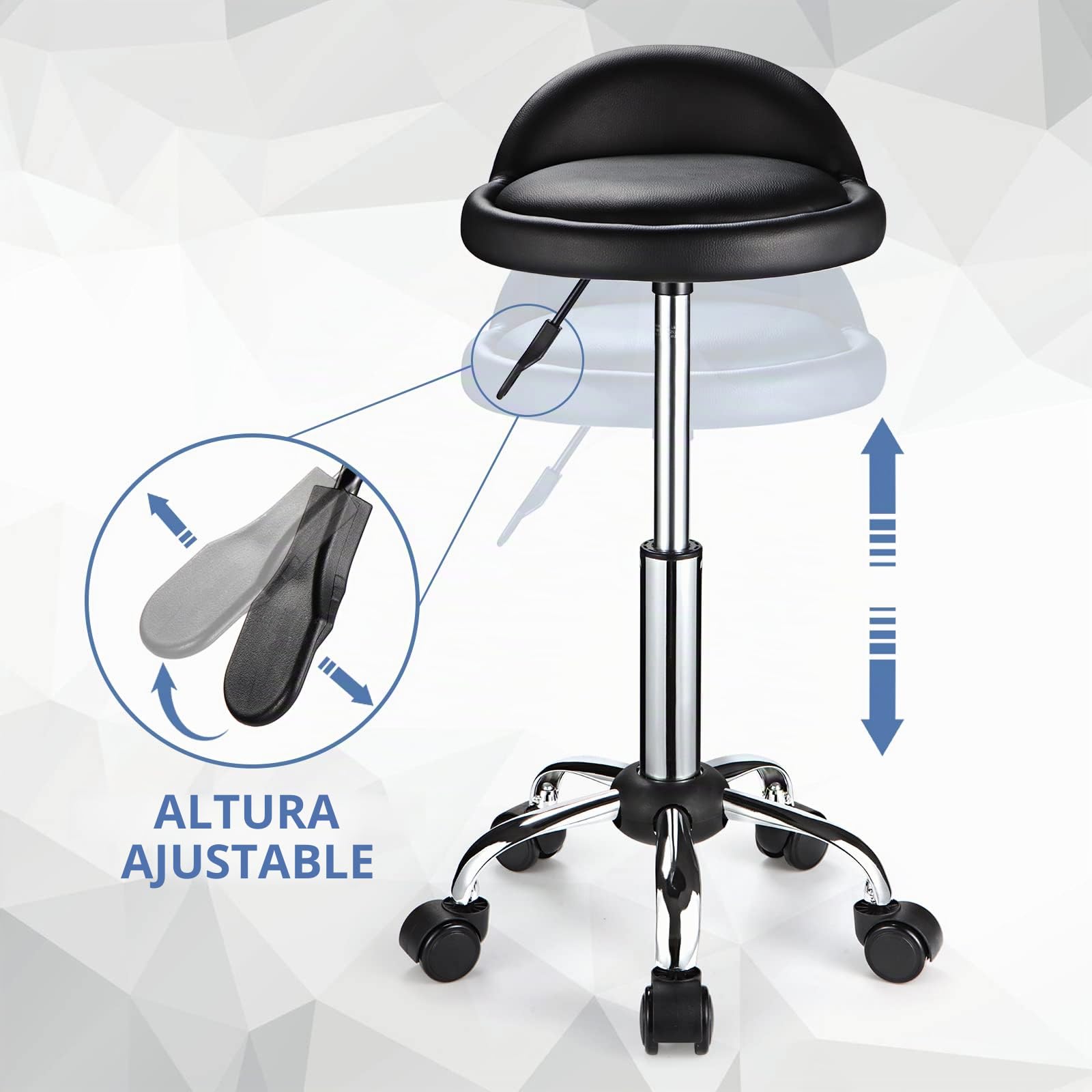 Taburete Giratorio con Ruedas, Altura Ajustable, Silla de Dibujo con Respaldo bajo, Color Negro