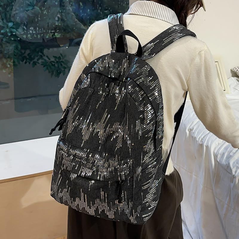 Trendy Shiny Backpack for Women – Fashion Large Capacity Y2k Backpack, Stylish Casual Daypack Daily Travel Work (black)2