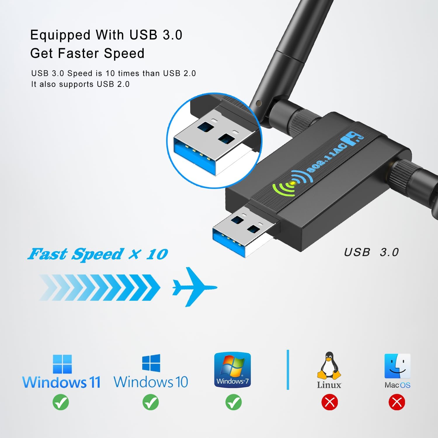 Wireless USB WiFi Adapter for PC: 1300Mbps WiFi USB, 802.11AC WiFi Adapter for Desktop PC, Dual Band WiFi Dongle Wireless Adapter for Windows11/10/8/7/Vista/XP, USB Computer Network Adapters