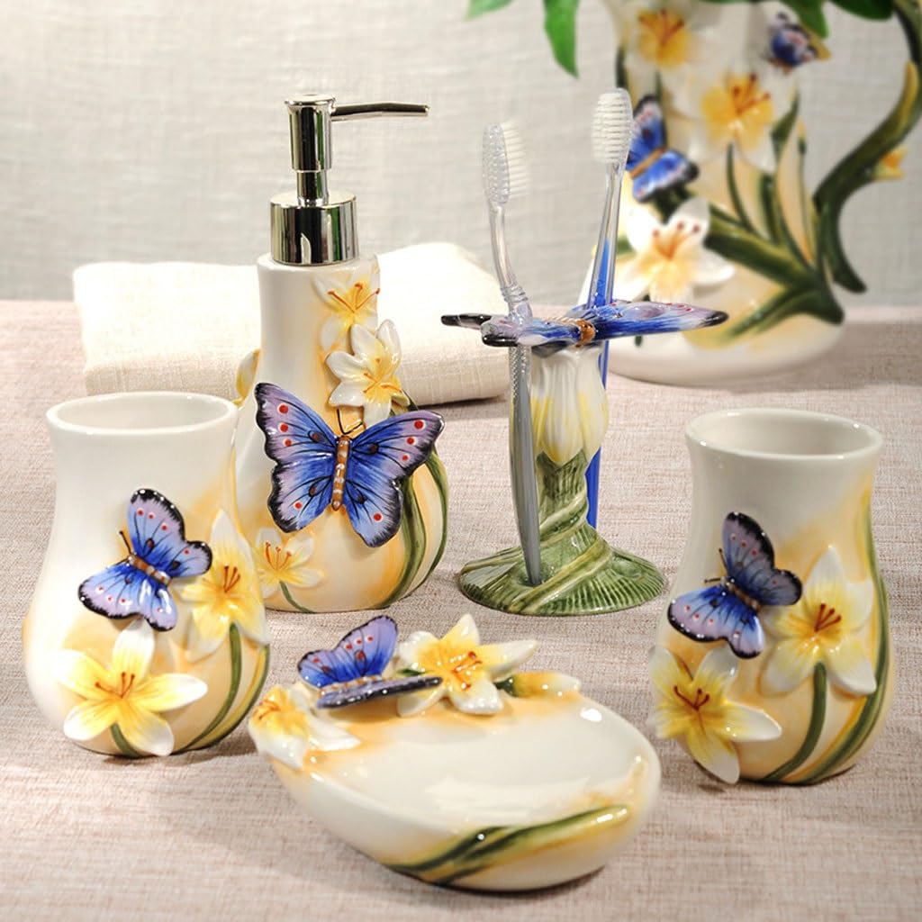 Set da bagno in ceramica con stampa a farfalla, 5 pezzi, dispenser di sapone, portaspazzolino, 2 bicchieri e portasapone Set da bagno