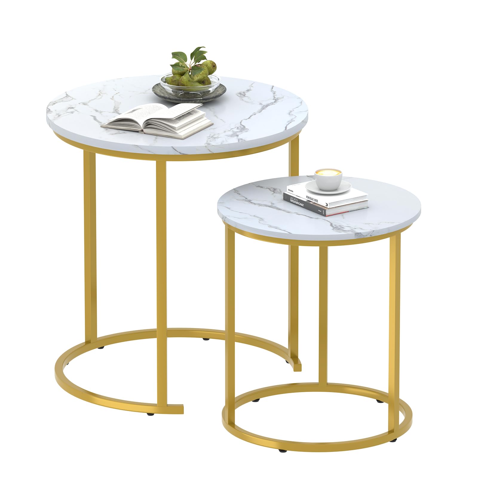 Garden 4 you Round Coffee Table for Living Room,White Nest of Tables Set of 2,Nesting Tables End Table for Living Room, Bedroom, Office, Balcony, Apartment (White + Gold) — image 1