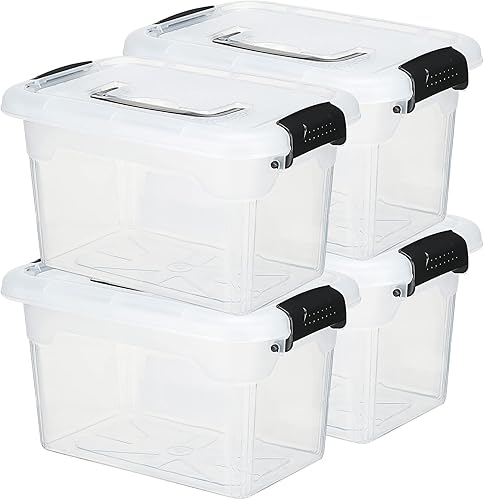 Sadnyy Paquete de 4 cajas de almacenamiento de plástico transparente apilables con tapas de pestillo y ruedas, cajas de almacenamiento grandes