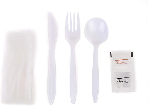 EcoQuality Kit de cubiertos envueltos 6 en 1 – Tenedor/Cuchara/Cuchillo/Servilleta/Sal/Pimienta – Kit de cubiertos desechables, perfecto para el