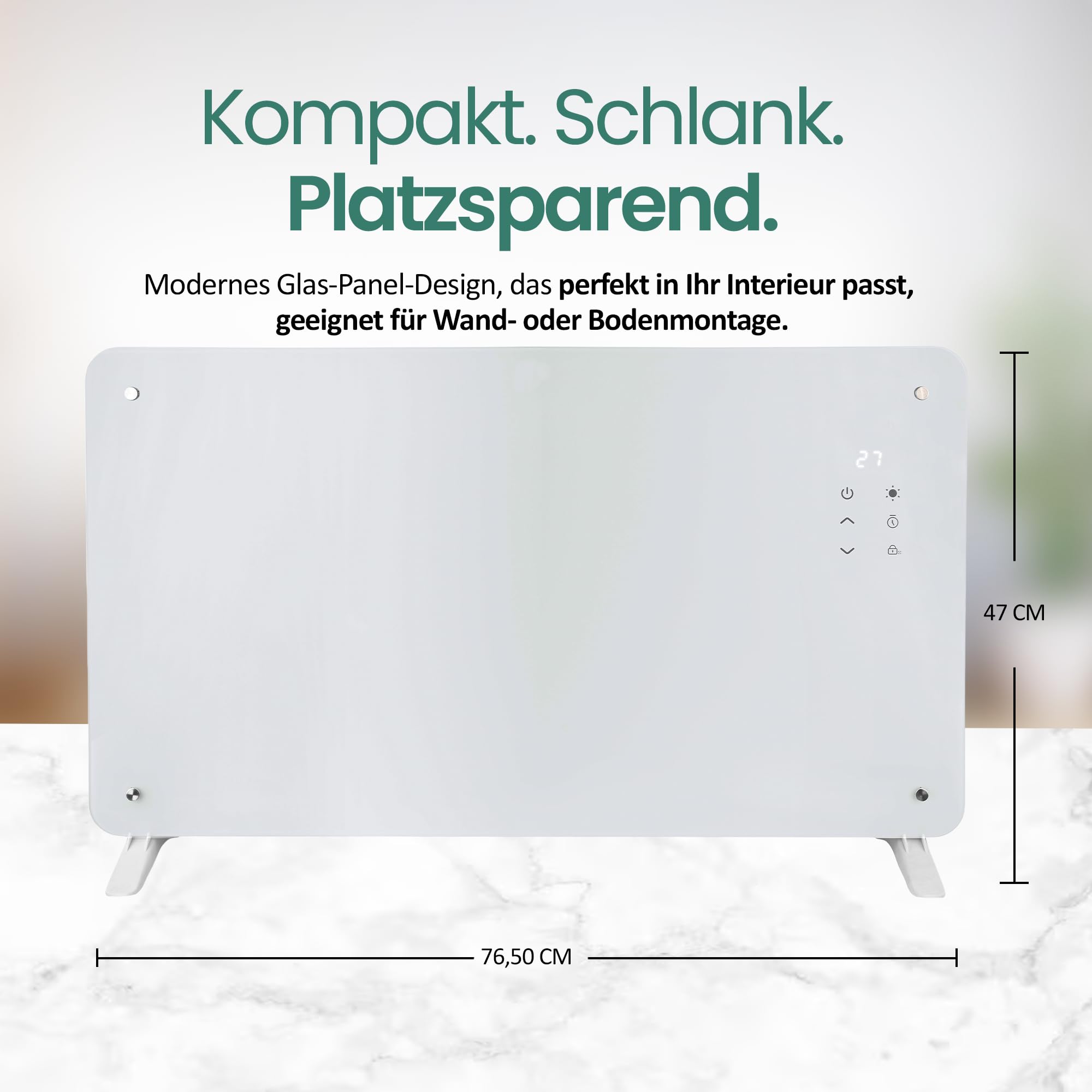 EMERIO - Radiador eléctrico con convector de cristal, 76,5 x 47 cm, mando a distancia, calefacción eléctrica en pie o pared, pantalla LED, termostato de 10 a 35 °C, temporizador 24 h, 2000 W, IP24, GR