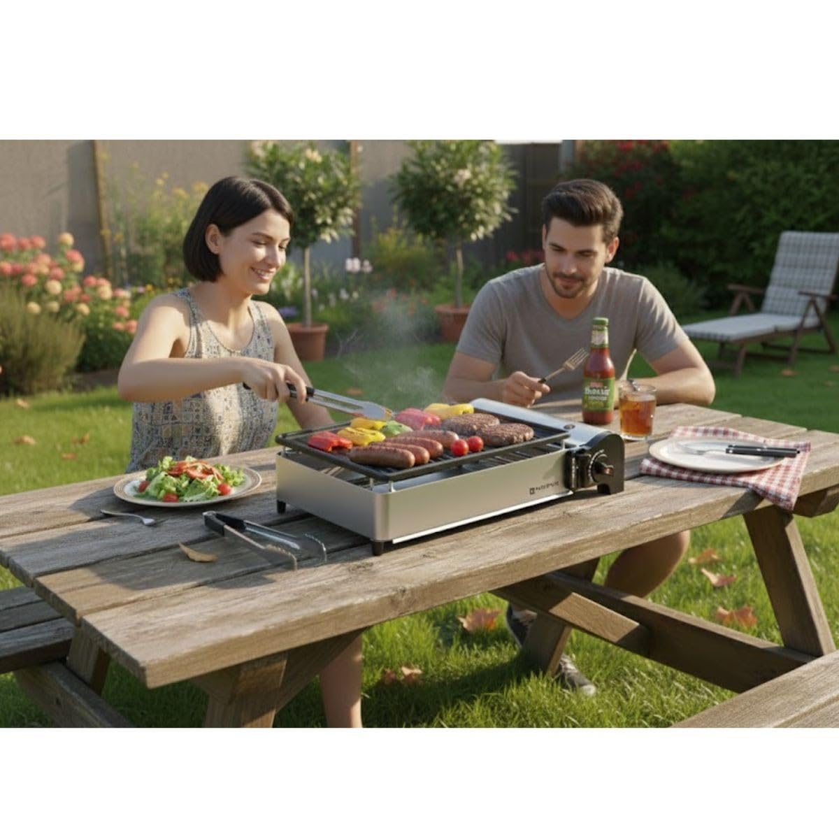 KEMPER Barbecue Portable à Gaz 1900W Allumage Piézo Plaque Grill Anti-Adhésive Kit 4 Cartouches Gaz Camping Mallette Transport