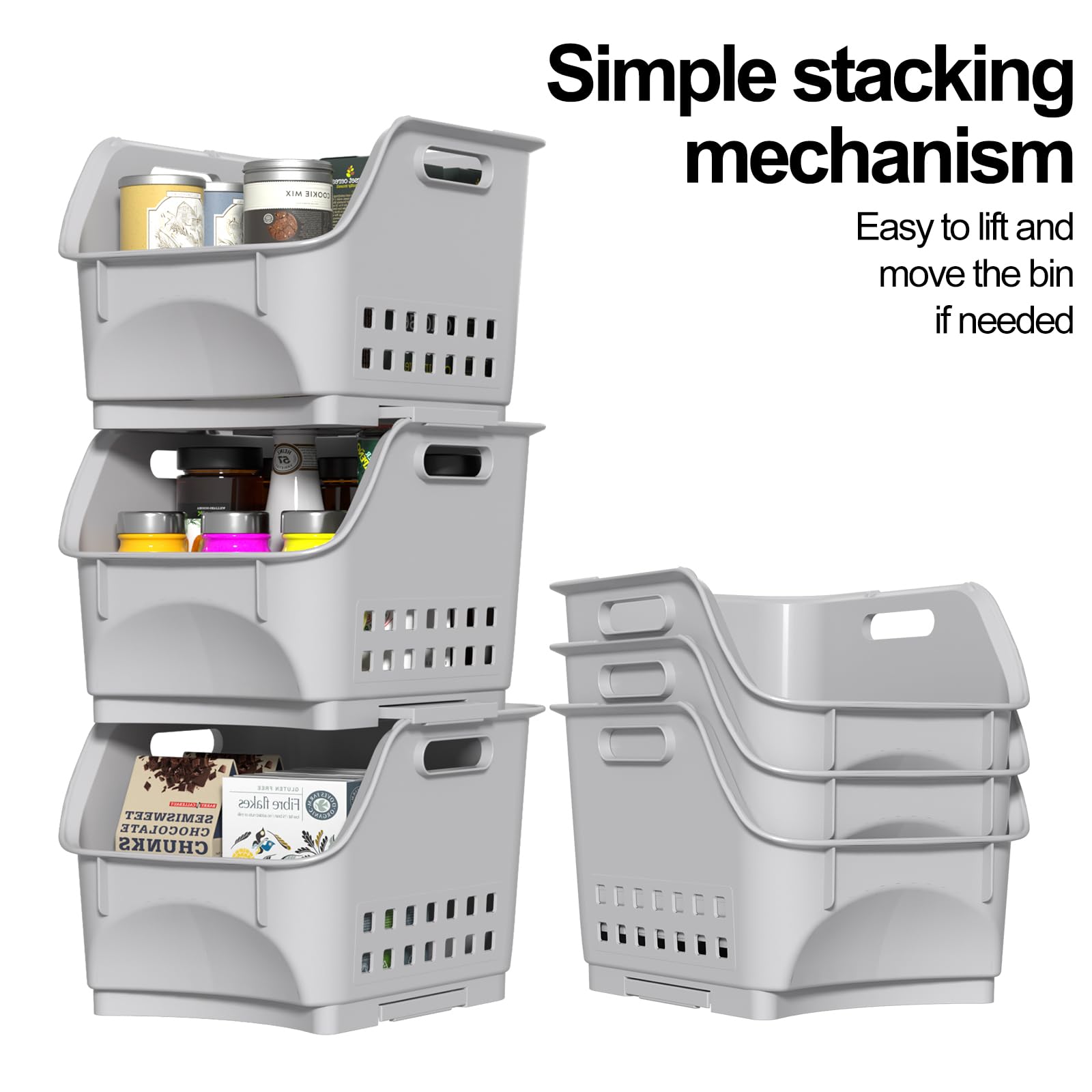 Paquete de 3 cestas de almacenamiento frontales abiertas, cestas apilables de plástico para organizar frutas, verduras, condimentos, color gris