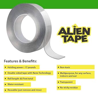 ALIEN TAPE Nano Double Sided Tape 60 Feet, 6 Rolls - Multipurpose Removable Adhesive Transparent Grip Mounting Tape Washable Sticky - Heavy Duty for Crafts, DIY Projects, Home Repairs - As Seen On TV