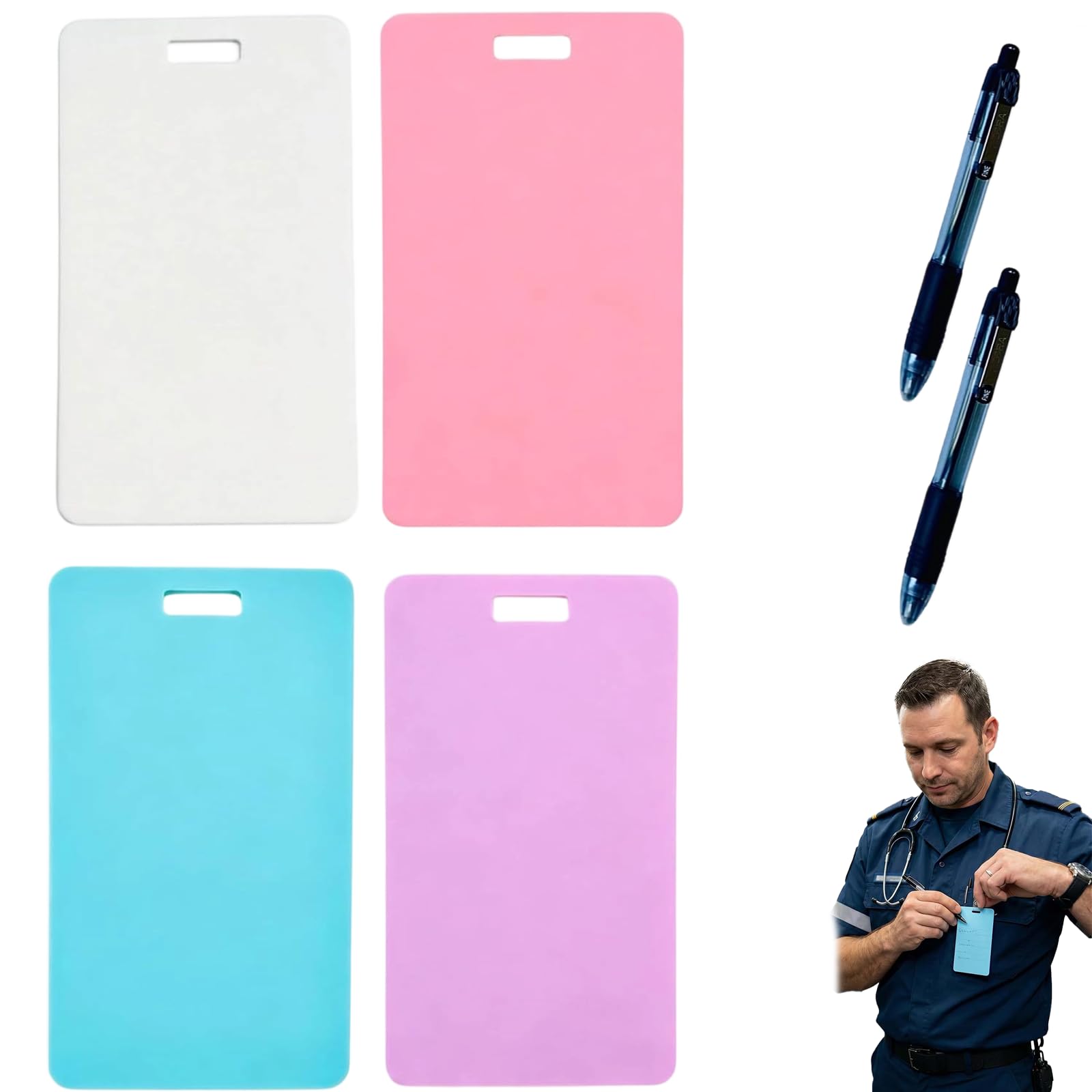 Erasable Badge Note, Reusable Mini Whiteboard Clipboard with ID Badge Clip, Premium Silicone Pocket Sized Erasable Notepad for Nurses, Doctors, Teachers & Healthcare Workers (4pcs, Vertical)