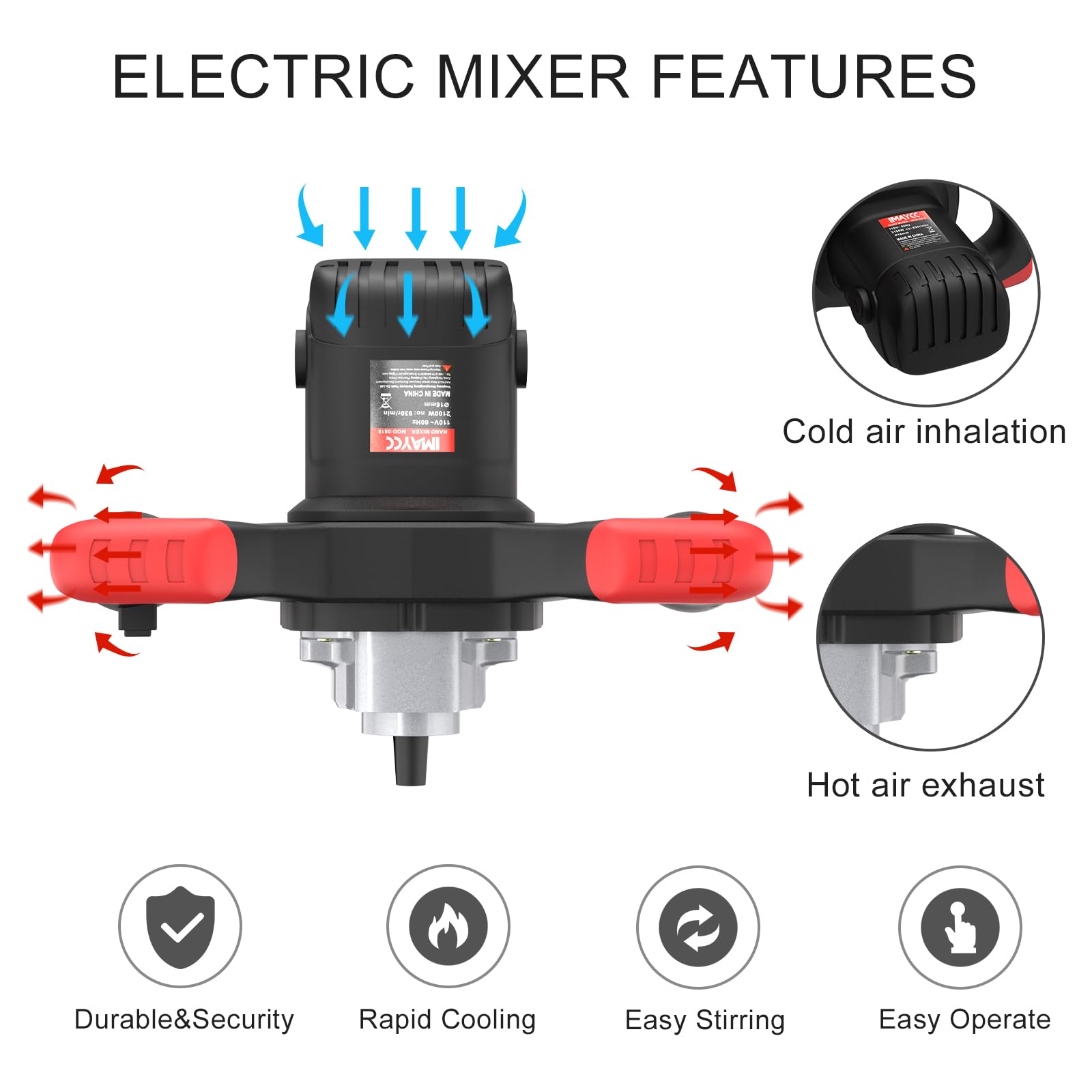 IMAYCC Mezclador de cemento portátil de 2100 W, mezclador de paleta eléctrico ajustable de 6 velocidades de mano para yeso, pintura de lechada, mortero, mezclador, herramienta de agitación (negro)