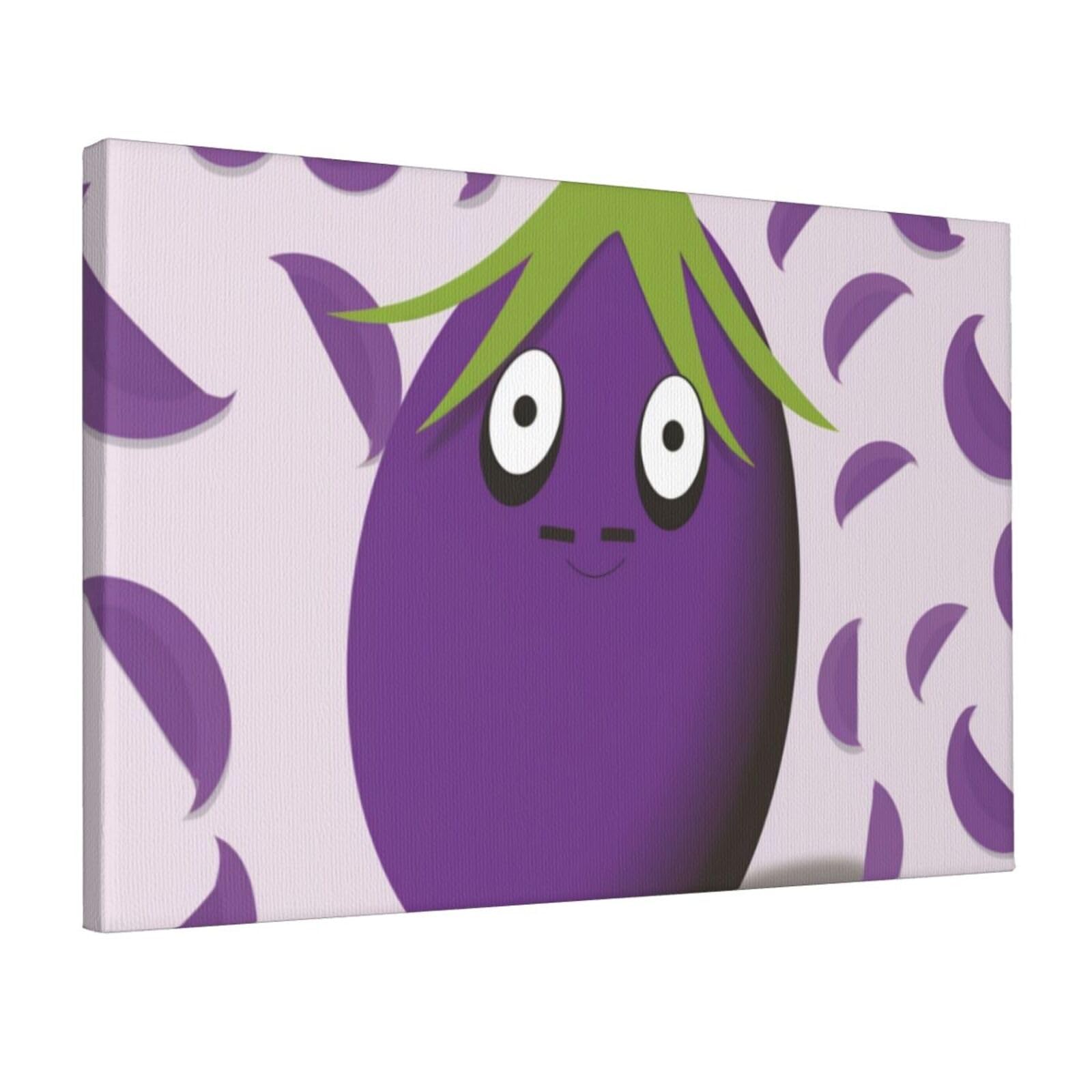 YKLJG Cartoon Eggplant Printed Wall Art Canvas Prints 45x30 CM Wooden Framed Picture Painting Artwork for Bedroom Kitchen Home Office Decor