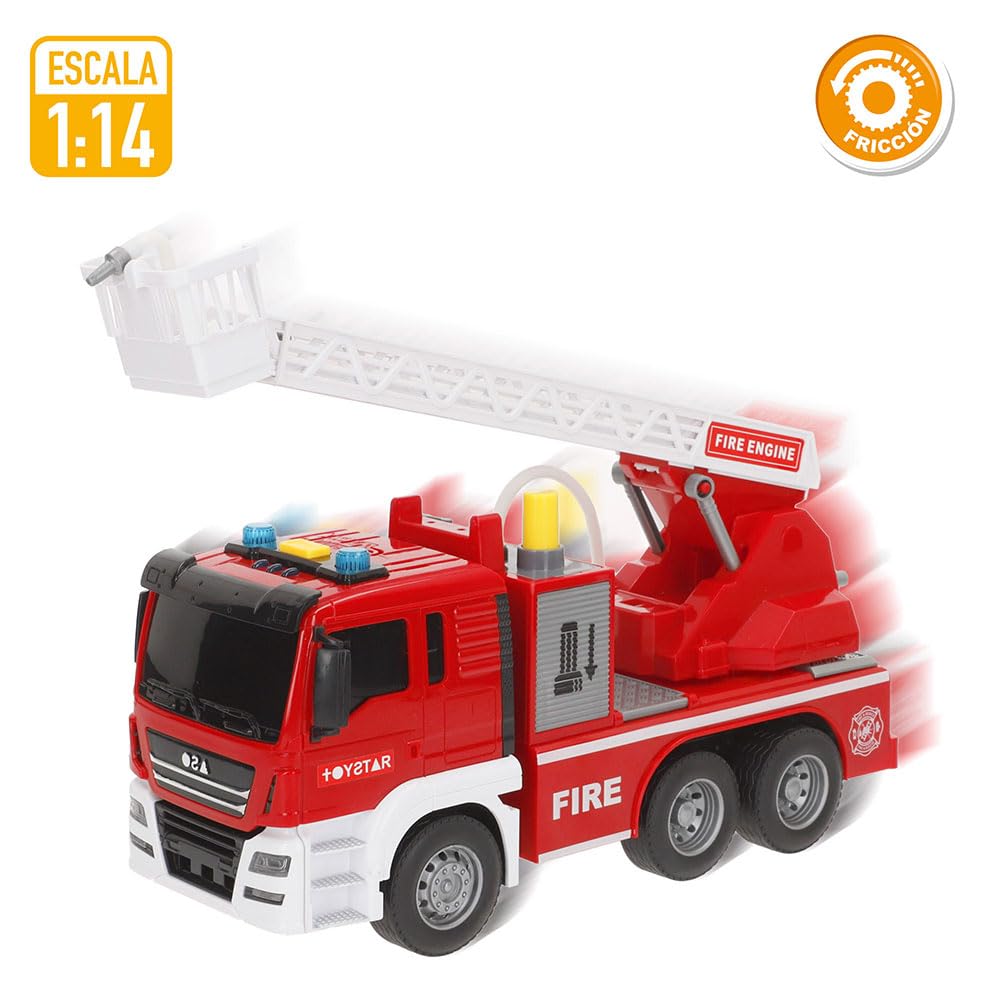ColorBaby Speed & Go Camión Bomberos Juguete, con Luces y Sonidos, Grúa y Manguera interactivas, Agua de Verdad, Sistema de fricción, Escala 1:14, Rescate, para niños a Partir de 3 años (39063)