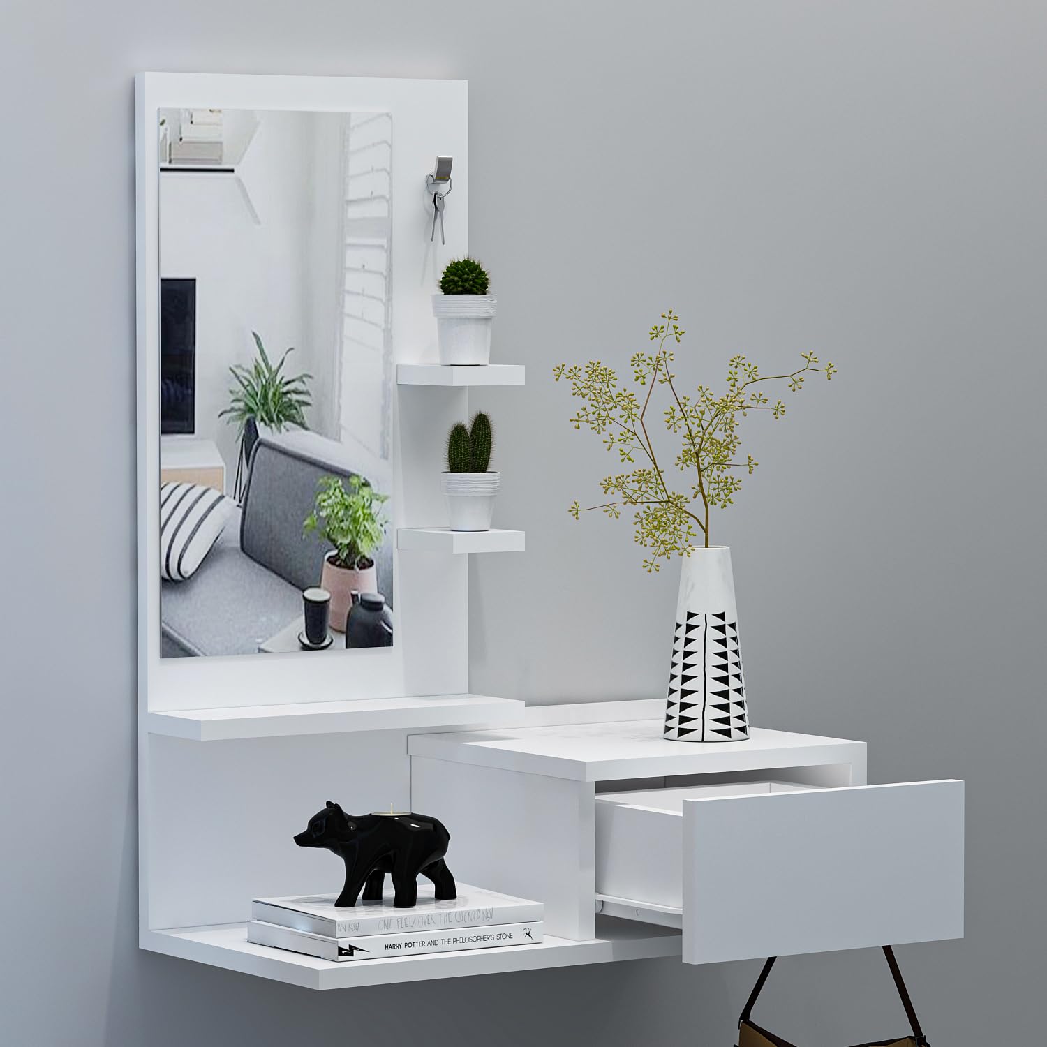 HOMIDEA ENKI Mobile sospeso per corridoio - Armadio con specchio - Armadio a parete per ingresso con cassetto, specchio e ripiano dal design moderno (bianco/bianco)