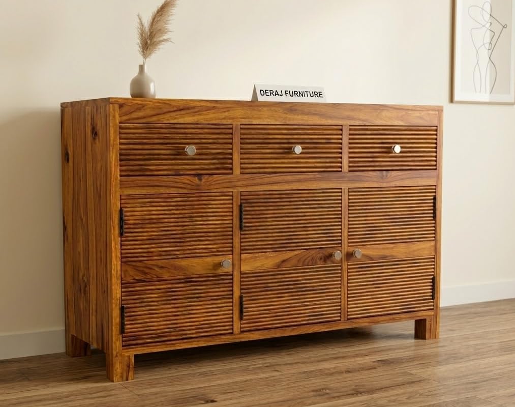 Sheesham Wood Sideboard Cabinet for Living Room - Solid Wooden Storage Cabinet with 3 Drawer & 6 Shelves - Multipurpose Sideboard for Bedroom Dining & Home Furniture (Gabriella)-image-34