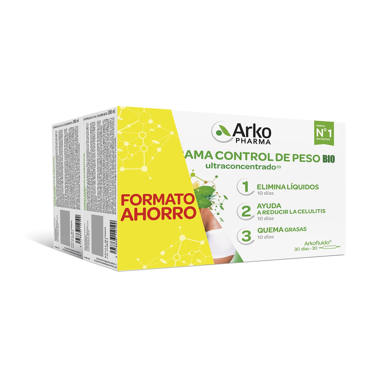 Arkopharma Arkofluido Programa Control de Peso 2x40 ampollas, Complemento Alimenticio, Ayuda al Drenaje de Líquidos y Mejora el Aspecto de la Piel con la Celulitis
