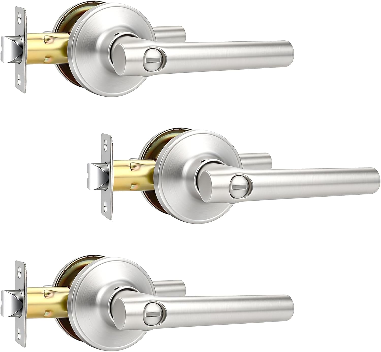 3 Pack Privacy Brushed Nickel Door Handles, Keyless Nickel Door Lever Indoor for Bedroom Bathroom, Heavy Duty Door Handles Interior for Left Right Sided Doors, Satin Nickel Door Handle