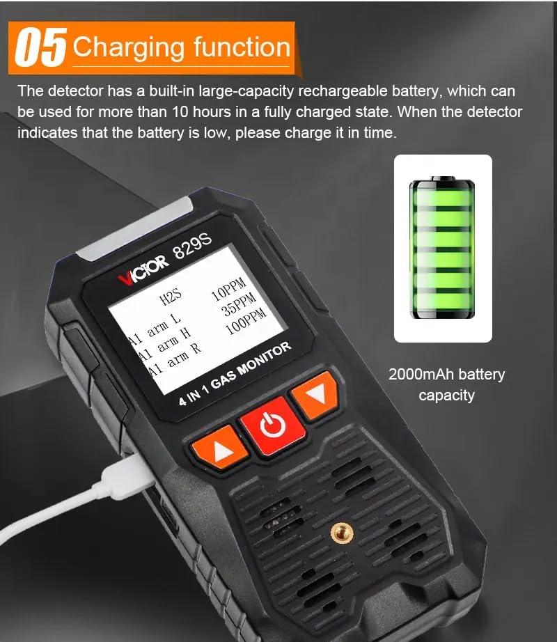 VICTOR 829S Compound Gas Monitor Combustible Gas (LEL) Oxygen (O2) Hydrogen Sulfide (H2S) Carbon Monoxide (CO) Gas Detector(VICTOR 829S)