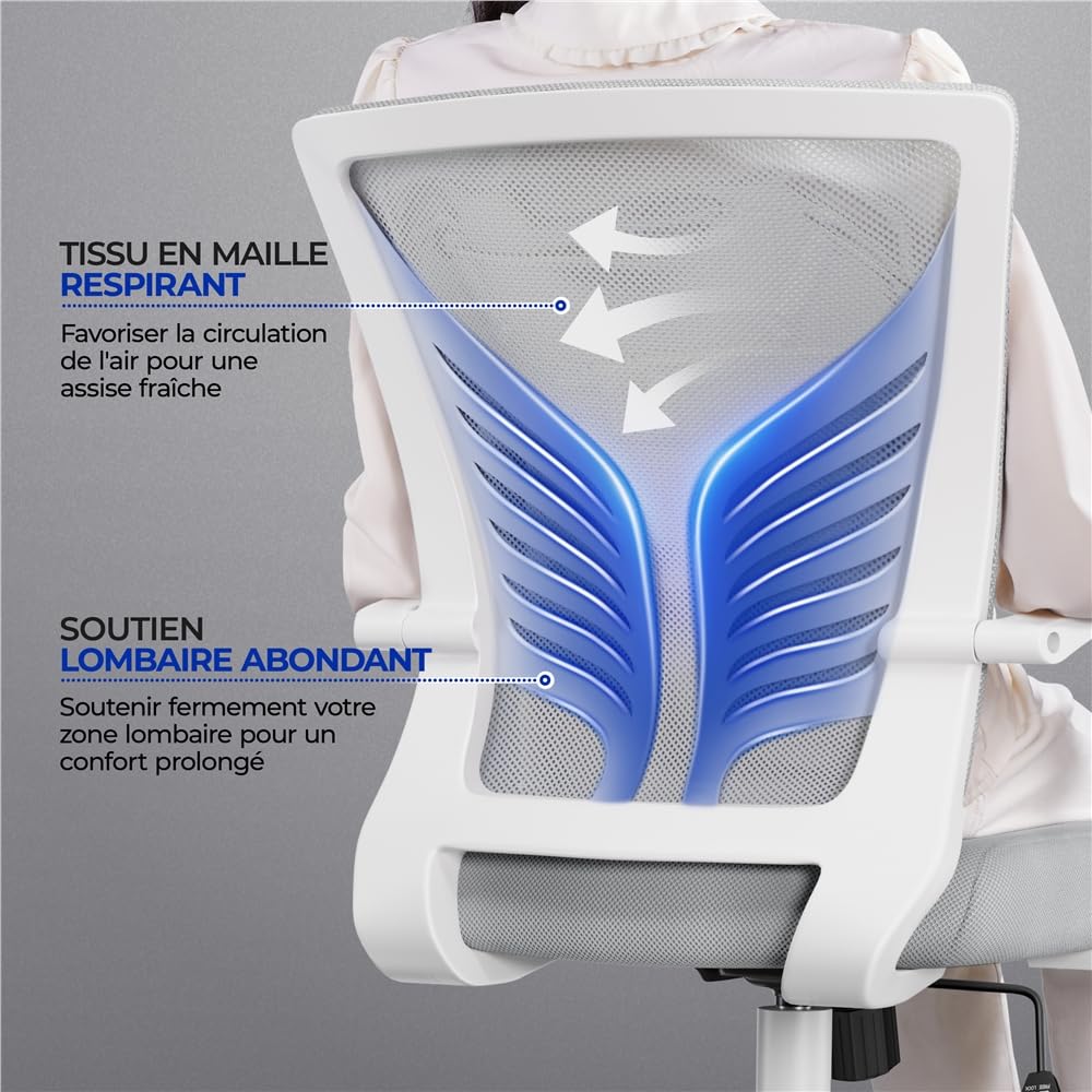 Yaheetech Chaise Bureau Ergonomique en Maille Respirante, Fauteuil d'Ordinateur Inclinable avec Support Lombaire à roulettes Pivotante, Siège Bureau en Hauteur Réglable, Capacité 136kg Gris Clair