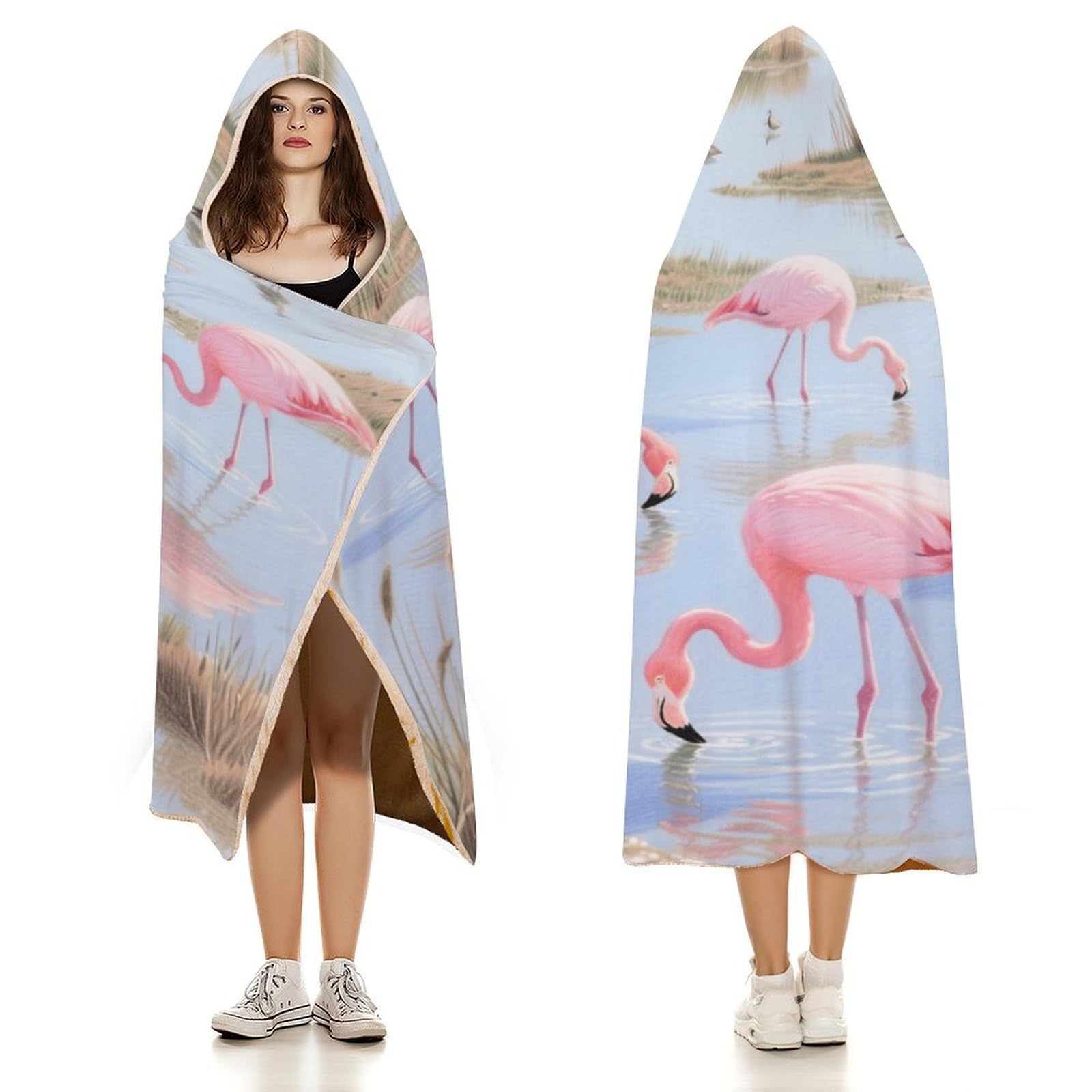 Koc do noszenia, ponczo na pelerynę, oversize, miękki, ciepły, narzuta, koc dla dorosłych, żerowanie flamingów, koc, bluza z kapturem
