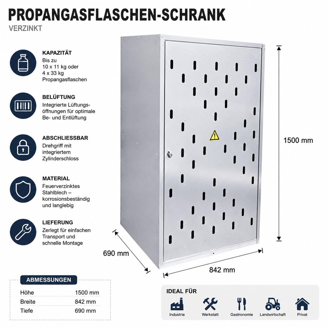 Propangasflaschen-Schrank verzinkt 1500 x 842 x 690 mm | Gasflaschenschrank | Für 10x11 kg oder 4x33 kg, Feuerverzinkter Stahl, Abschließbar, Belüftung, Außenbereich