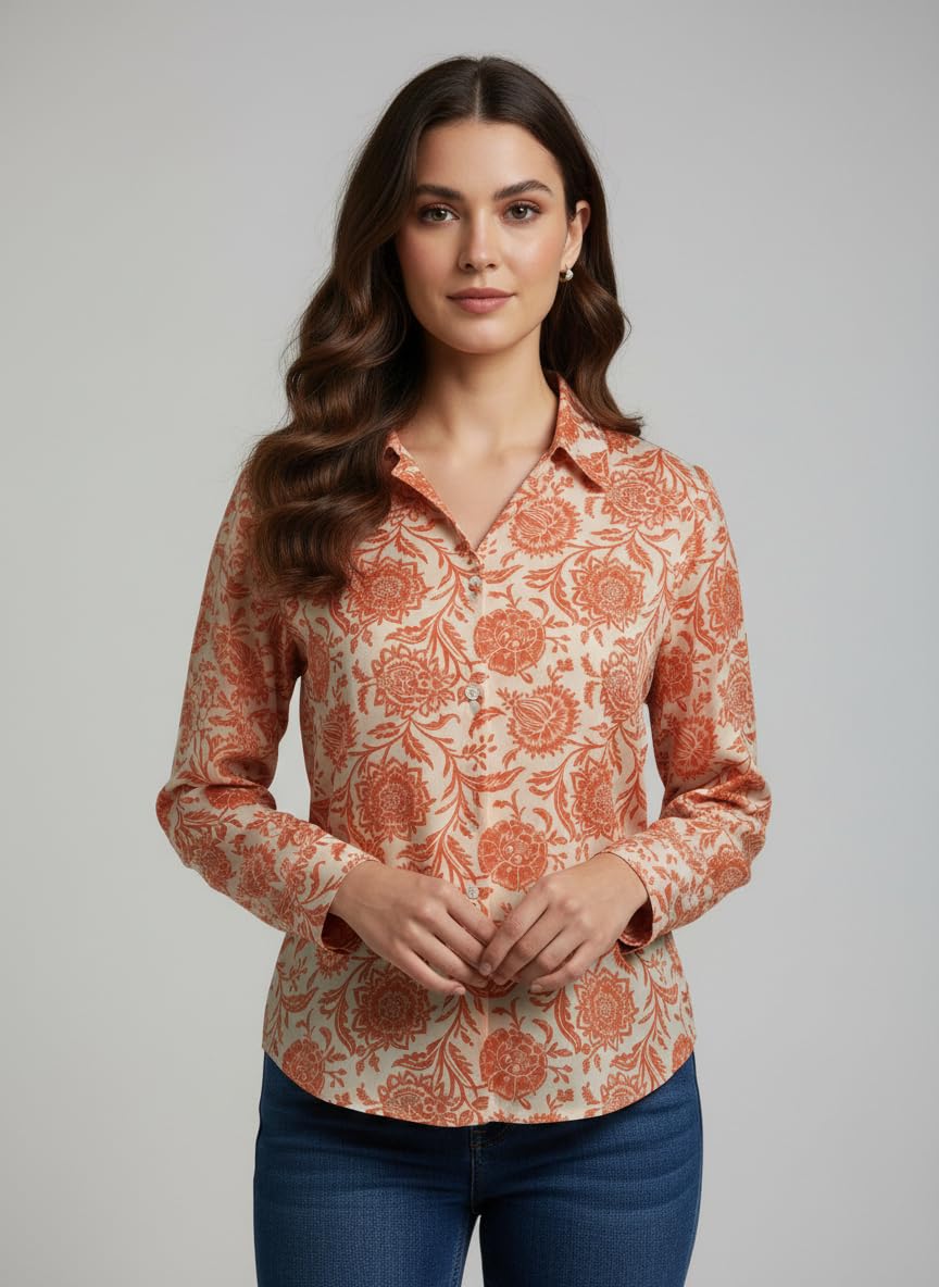 ANNI Designer Bedrucktes Damenhemd aus Baumwollmischgewebe, langärmelig, normale Passform, Hemdkragen, legere Bürokleidung, elegante Western-Kleidung für den Alltag, Hochzeit, Party