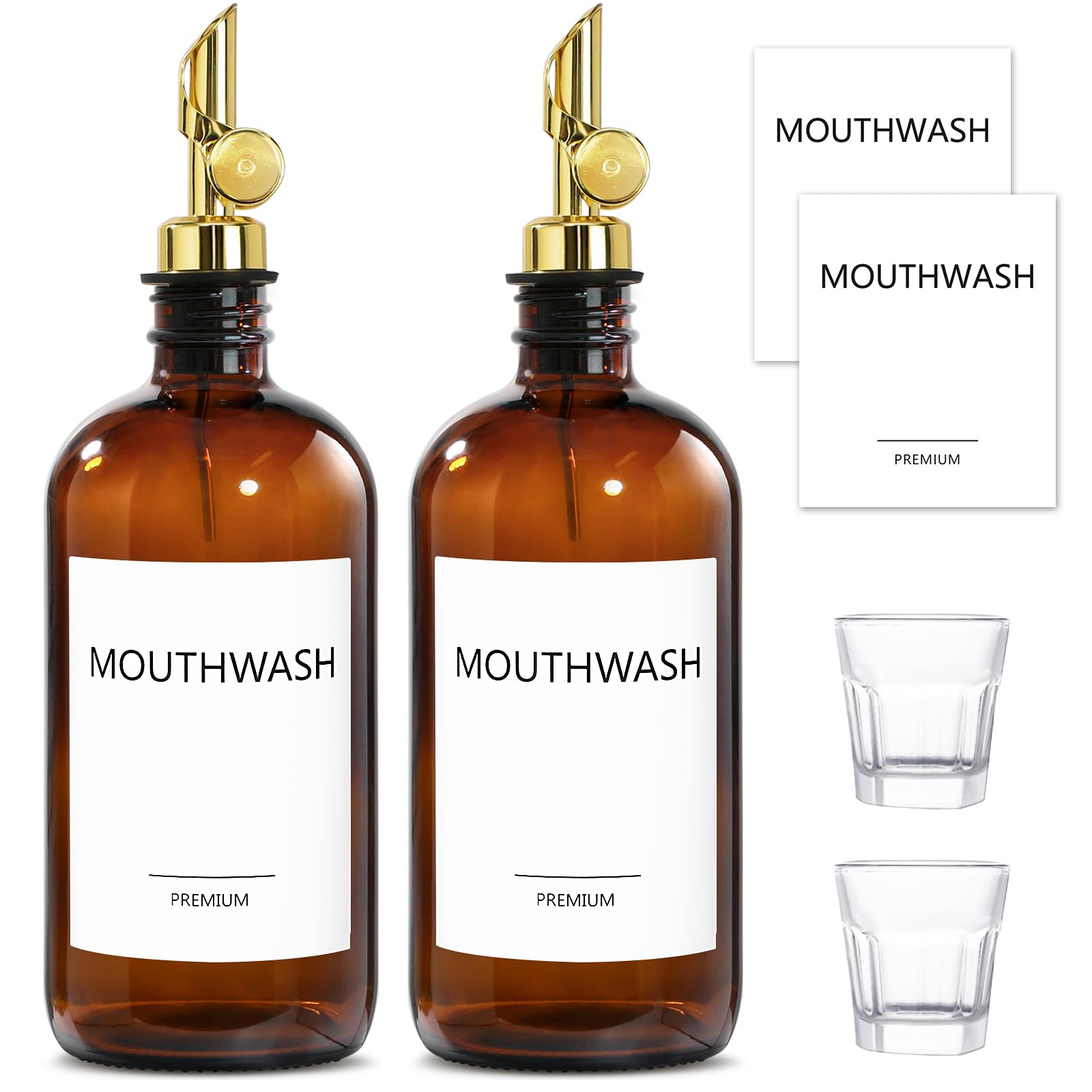 Mundwasserspender für Badezimmer, Glas-Mundspülspender mit Becher, Mundspülbehälterflasche mit Becher, nachfüllbarer Mundspül-Dekanter, 473 ml, bernsteinfarben, 2 Stück