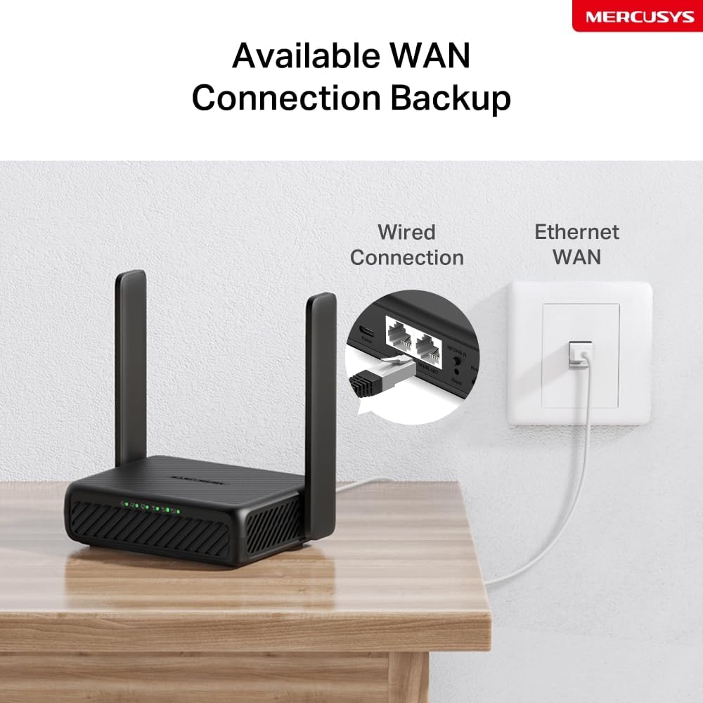 MERCUSYS MB113‑4G – Router 4G LTE Portátil, Wi‑Fi N‑300 hasta 32 Dispositivos, SIM Nano Plug & Play, USB‑C Powerbank y VPN 10
