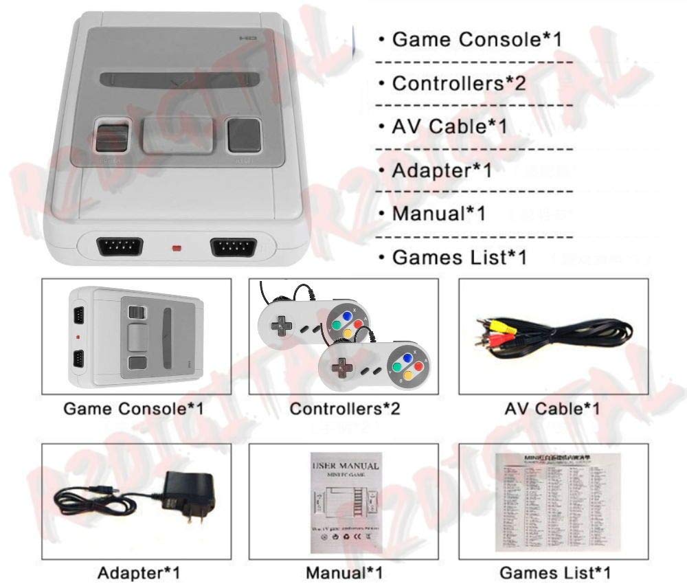 r2digital® CONSOLE DI GIOCO per TV GC256211 con 2 CONTROLLER VIDEOGIOCO da SALOTTO PORTATILE 256 GIOCHI NON RIPETITIVI