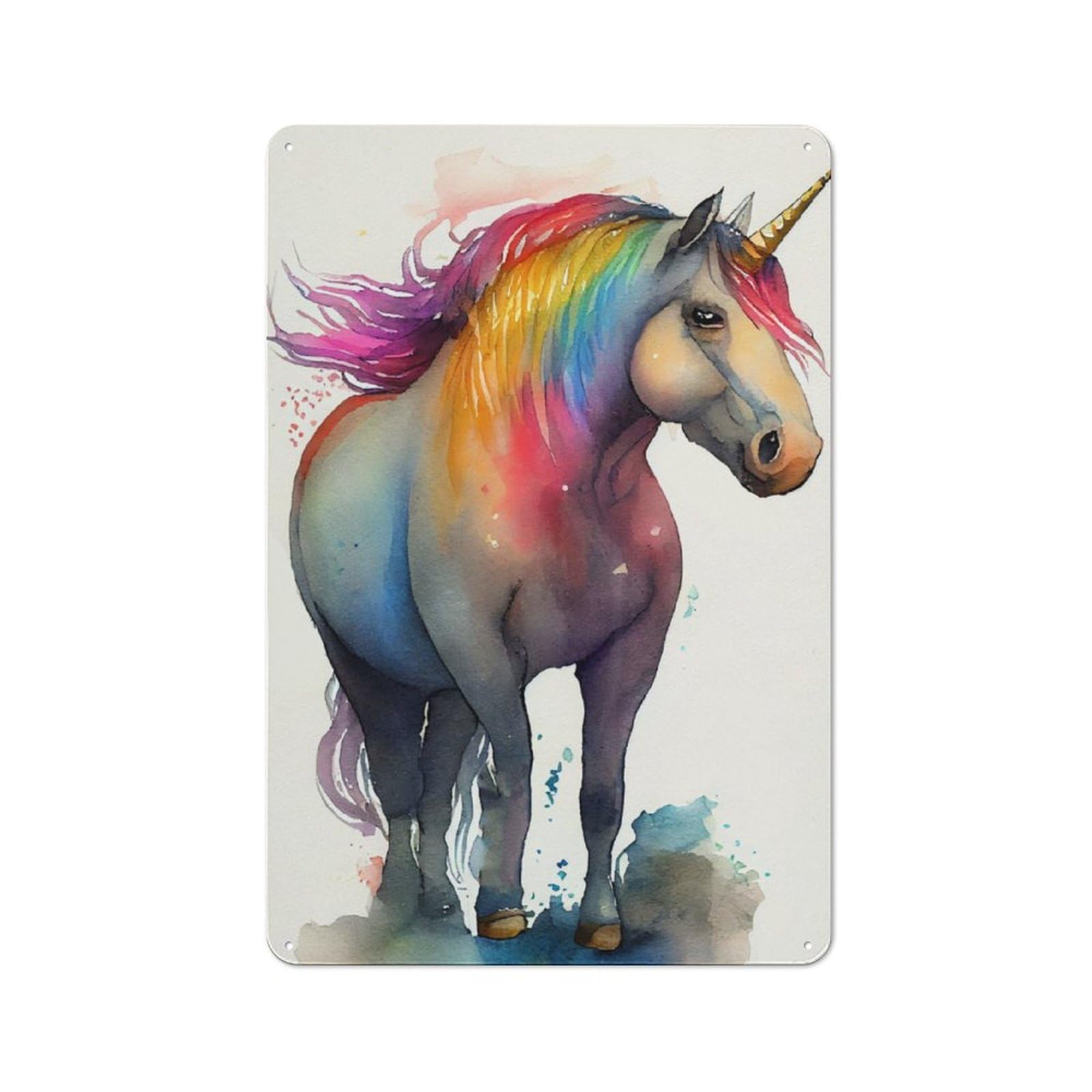 Junmoney Chubby Unicorn Watercolor Printed Metal Sign 30X20cm For Man Cave Or Games Room, Suited To Man Cave Decor Fans