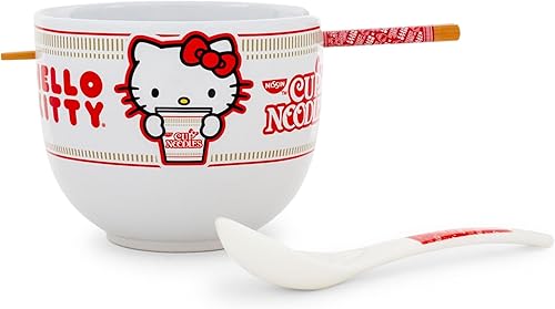 Silver Buffalo Sanrio Hello Kitty x Nissin - Tazón de ramen de 20 onzas con palillos y cuchara