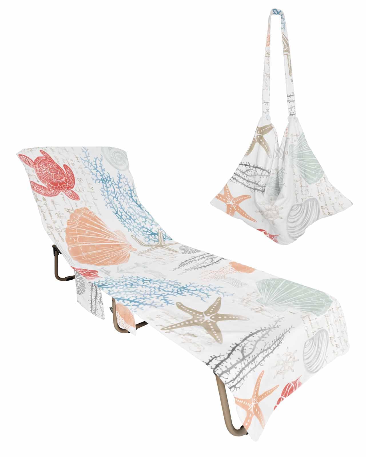 Coastal Orange Beach Chair Cover with Side Pockets, Microfiber & Quick Dry Pool Chaise Lounge Chair Towels Covers for Sun Sunbathing Patio Garden Hotel, Red Blue Nautical Turtle Jellyfish Conch Anchor