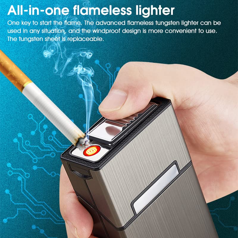 Image of GUSTAVE Cigarette Case with USB Electric Lighter for Men, Portable Cigarette Box, Rechargeable Flameless Lighter, Holds 20 Cigarettes, Plastic Material, Brushed Aluminum Finish (Black)