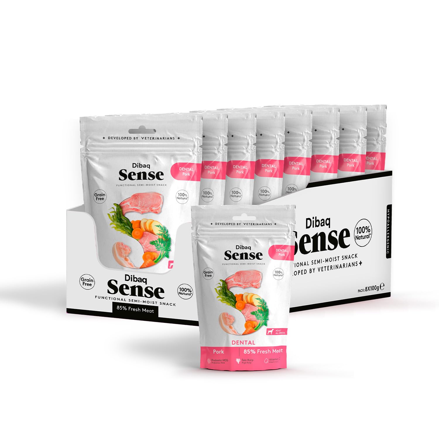 Dibaq Sense Dog, Snack para Perros, Grain Free, Light Weight, monoproteico, Pavo sin Cereal, Pack 8 uds x 100 gr (800 gr, Cerdo)