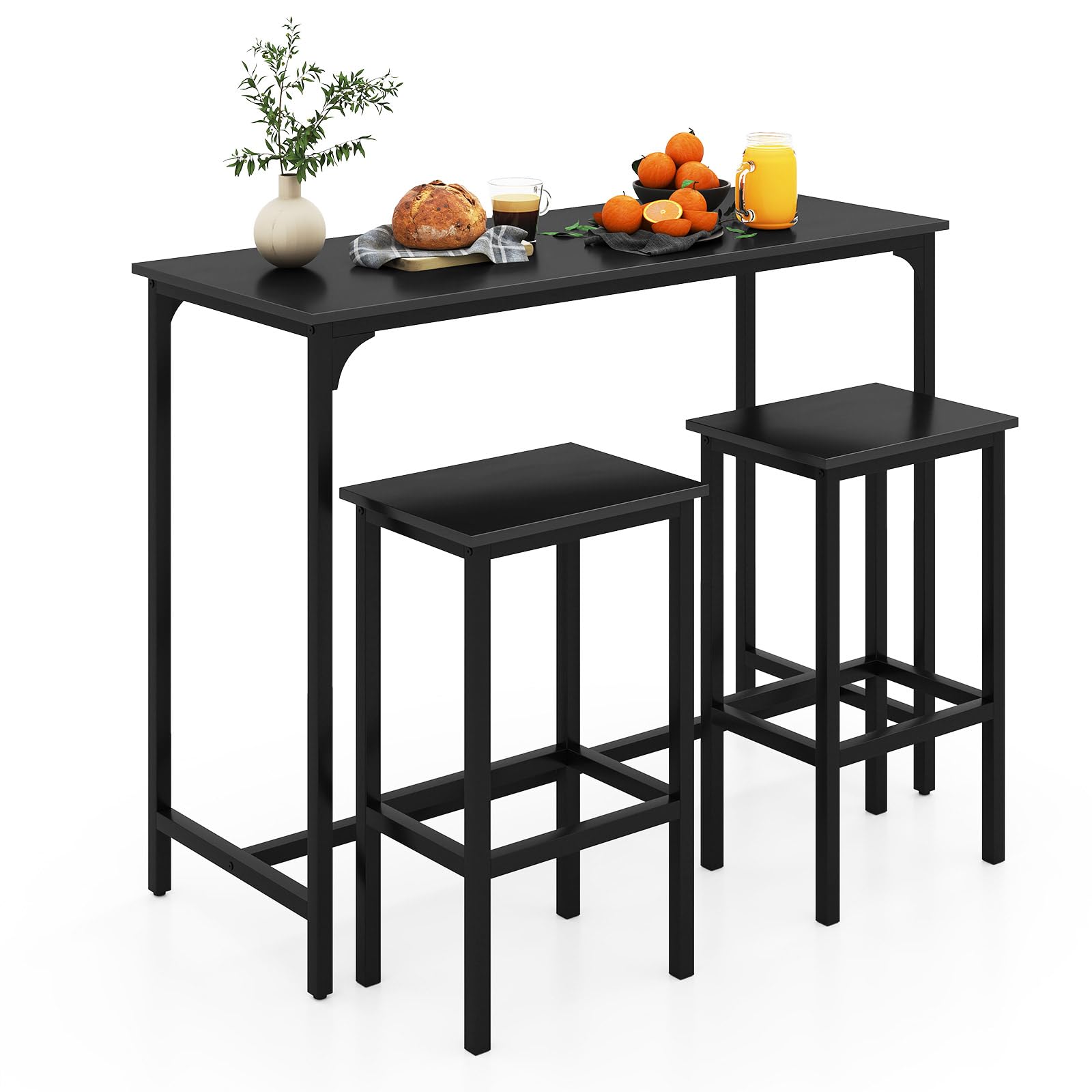 RELAX4LIFE Bartisch mit Barhocker-Set, Esstisch mit 2 Stühlen, Stehtisch mit Metallrahmen, Küchentresen mit Fußstütze, Küchentisch und Küchenstühle im Industrie-Design, Essgruppe für Küche (Schwarz)