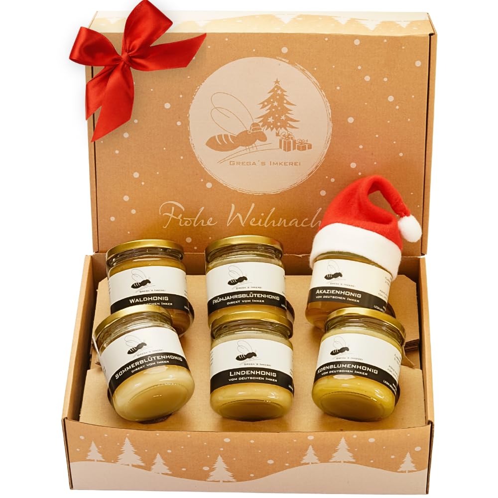 Honig Geschenkset von Grega’s ImkereiPräsentbox/Weihnachtsbox mit Klassich deutschen Honig und mehr direkt vom Imker (F – 6 Klassiker Honige Geschenkbox)