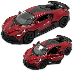 Miniatura de carro Bugatti Divo, Carrinho de ferro, abertura de portas, com fricção, 12,4 CM, Em metal, 1/36, Pneus em borracha, Kinsmart (Vermelho)