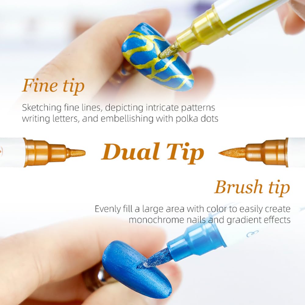 Kit de 10 Stylos Vernis à Ongles, Double Embout Pinceau & Pointe Fine, Vernis 3D Séchage Rapide, Outil de Manucure Professionnel pour Dessin, Détails & Art Graphique