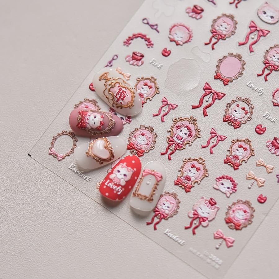 Image of Cat Nail Stickers Pink Bow Nail Decals Retro Portrait Self-Adhesive Nail Art Decals Cute Style 5D Embossed Self Adhesive Manicure Decorations for Women Manicure Salon DIY Design