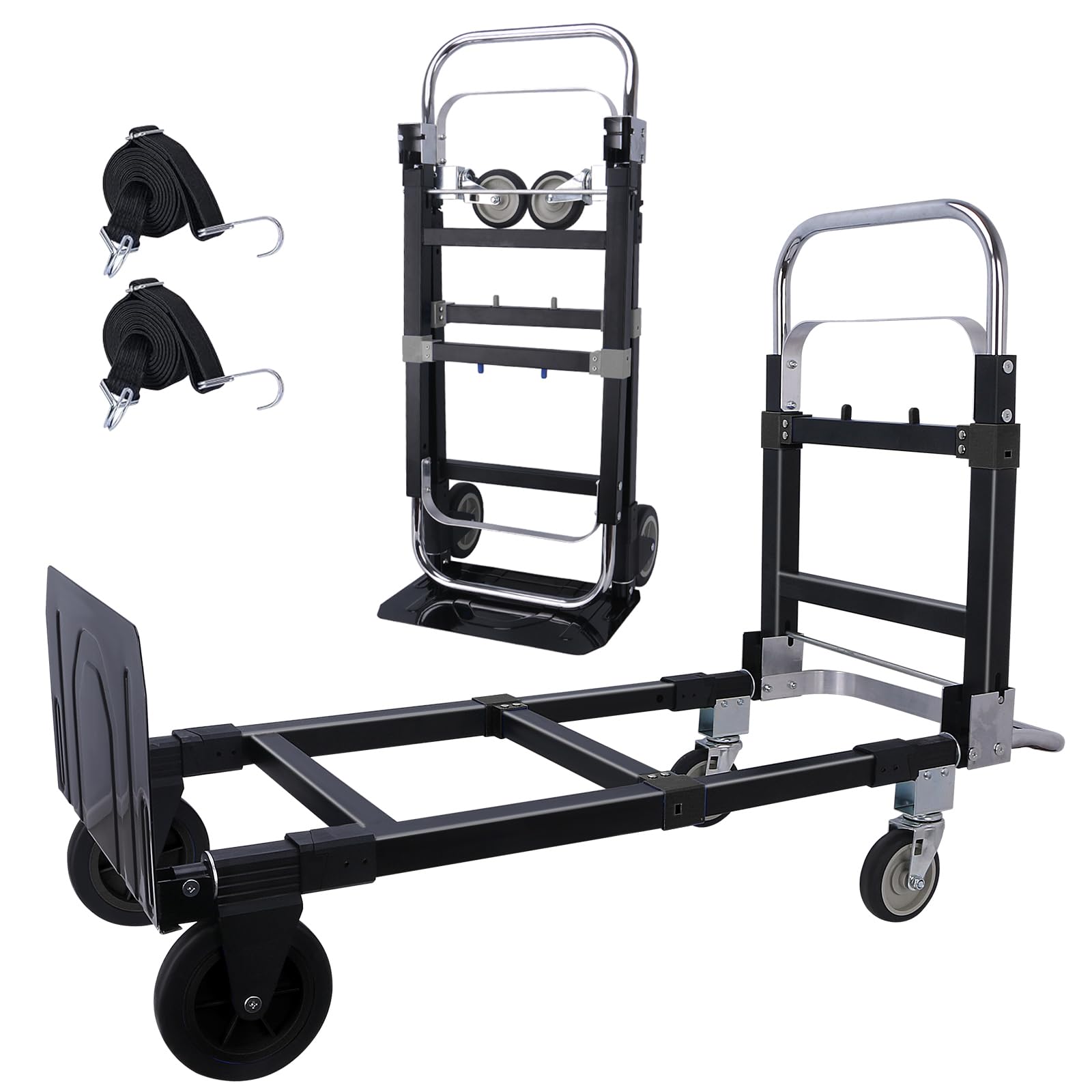 Heavy Duty Folding Hand Truck, Convertible Hand Truck Dolly Cart, Aluminum Dolly Cart for Moving Luggages, Boxes, Large Cartons, 600 Lbs Load Capacity (Black)
