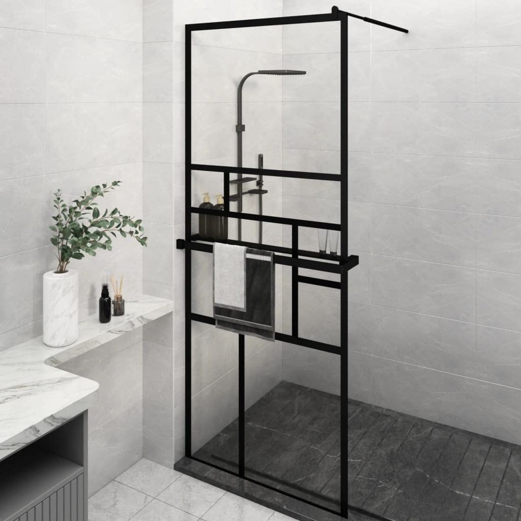 Mampara Ducha con Estante Vidrio ESG y Aluminio Negro 80x195 cm, Mampara Bañera, Mampara Baño Ducha, Cabina De Ducha, Mampara Baño - 3185449