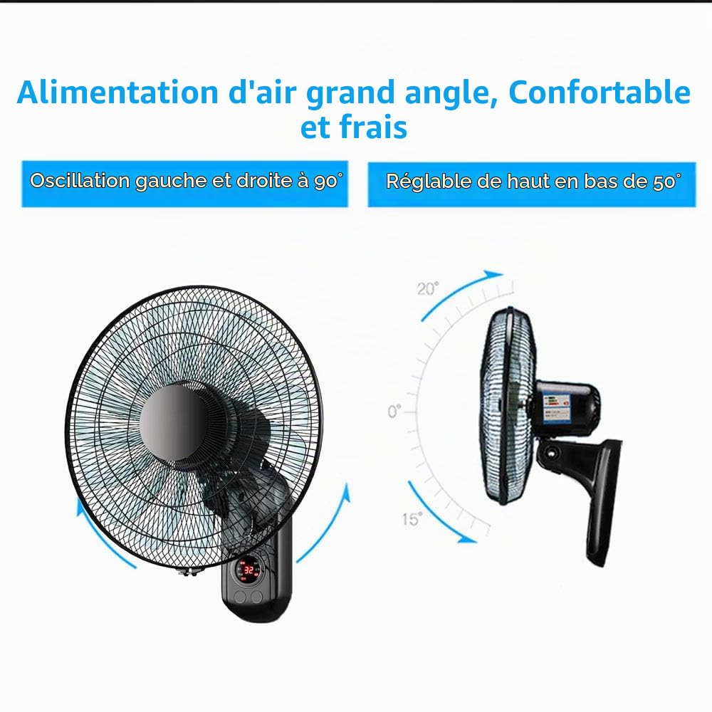 HLILY Ventilateur Mural,16 Pouces Ventilateur Mural Oscillant,Ventilateur Électrique avec Télécommande/Minuteur,3 Vitesses,15 Pales,Ultra-Silencieux,pour Cuisine/Maison